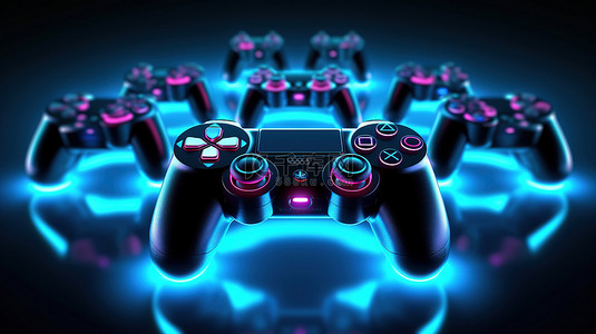 ps游戏机背景图片_绝妙的主意，在 3D 渲染中被黑色操纵杆包围的发光游戏手柄