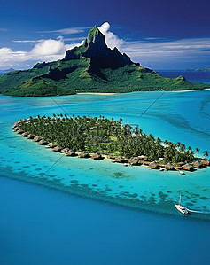 度假胜地背景图片_热带岛屿度假胜地波拉波拉岛的鸟瞰图