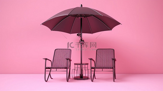 粉红色背景中的户外椅子和雨伞 3d 渲染