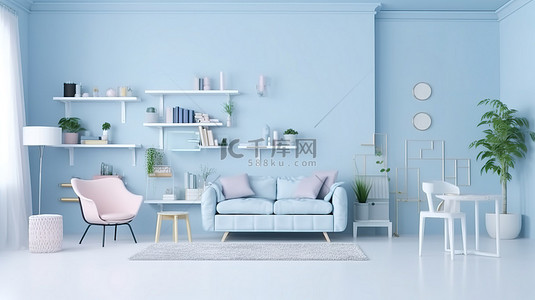房间内部的 3D 渲染为柔和的蓝色和白色，配有时尚的家具和配件