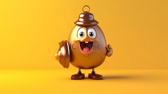 棕色鸡蛋吉祥物的 3D 渲染，在充满活力的黄色背景上拿着酒店服务铃