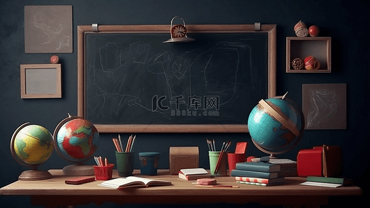 蓝色教育插画背景图片_数学蓝色相框地球仪黑板粉笔