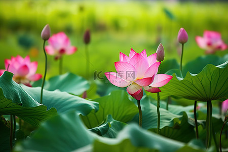 一朵粉红色的莲花坐在绿色的田野里