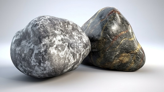 白色背景展示逼真的 3d 石头岩石渲染