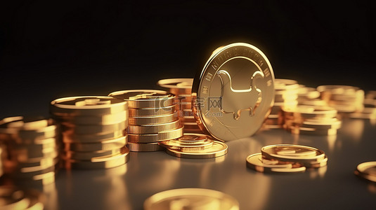3d 金色存钱罐充满金属硬币，呈现金融增长和投资的视觉效果