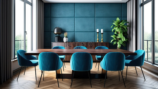 时尚宽敞的用餐区，配有大型现代桌子木顶和 3D 渲染的别致蓝色椅子