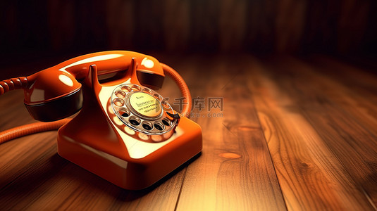 旧桌子木桌子背景图片_木桌上优雅展示的经典橙色旋转电话