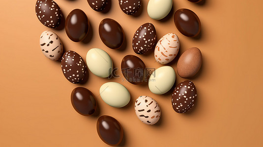 美食背景元素背景图片_棕色背景平躺 3D 巧克力复活节彩蛋的顶部视图
