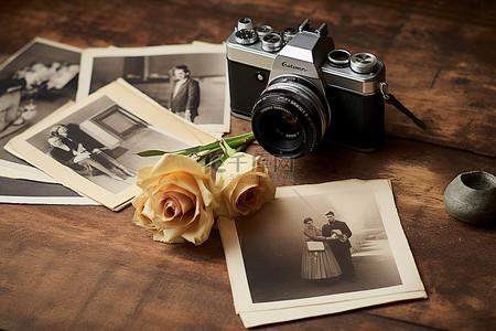 老年人拍照背景图背景图片_桌上放着一台旧相机和照片