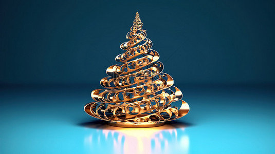 蓝色背景与金色抽象圣诞树的 3D 渲染