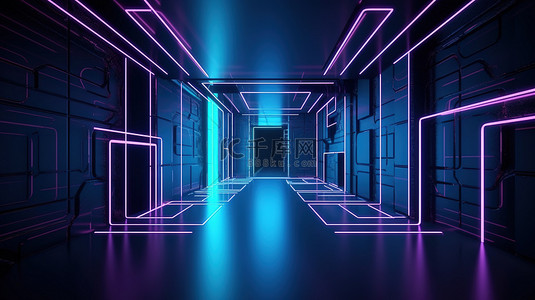 紫外光在虚拟空间 3D 渲染中用抽象的蓝色霓虹灯线和几何形状照亮一个空房间