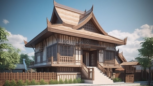 等距 3D 渲染中泰式房屋的外部背景