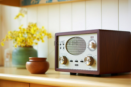木制牌牌背景图片_架子上放着一台小型木制收音机