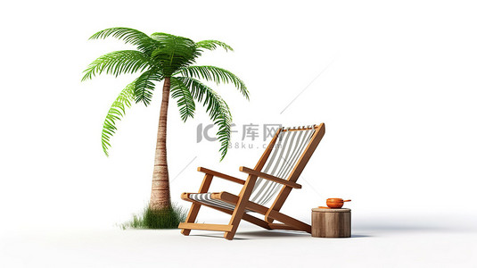 白色背景下棕榈树和沙滩椅的 3D 插图