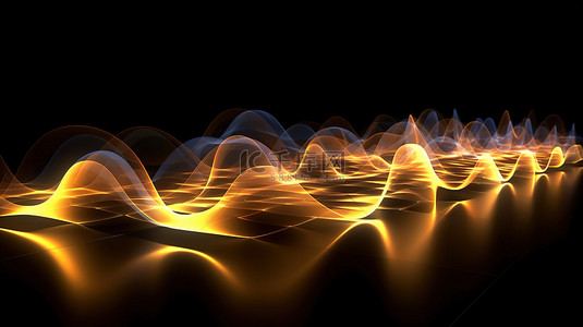 带着耳机听音乐背景图片_音乐频谱上金色光条纹和弯曲声波的 3D 插图