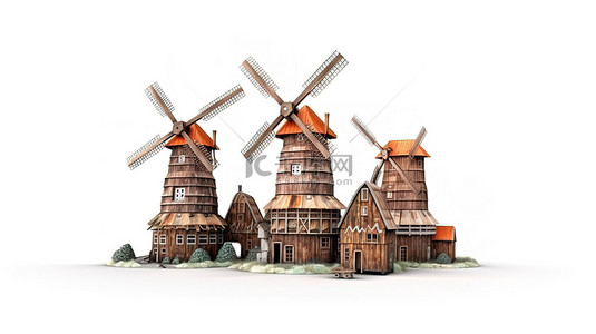 荷兰语背景图片_白色背景下传统木制风车农场的 3D 渲染