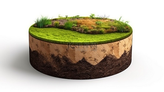 绿色地球圈 3d 插图孤立的圆形土壤地面横截面与郁郁葱葱的景观