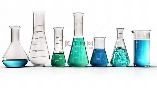 实验室玻璃器皿组的白色背景渲染插图
