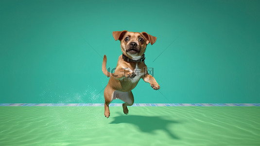 卡通可爱狗骨头背景图片_一只棕色狗在充满活力的绿色背景下跳入泳池的 3D 渲染
