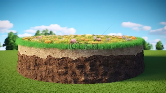蓝天背景下 3D 渲染设置中土壤和草地圆形讲台上的绿草
