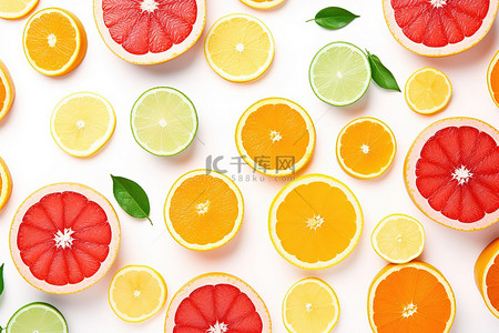 白色背景中的橙子葡萄柚和柑橘片
