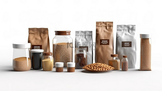 各种产品包装，包括咖啡糖香料盐等，在原始白色背景上以 3D 渲染