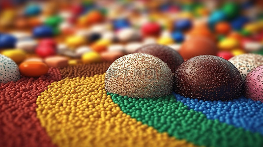 充满活力的 beijinho 和 brigadeiro 巴西糖果的 3d 插图，上面有彩色洒水