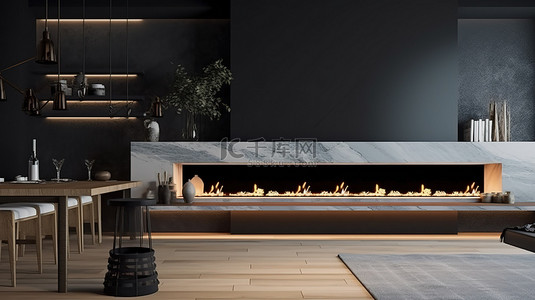 现代客厅配有时尚的壁炉和水吧 3D 渲染的室内场景