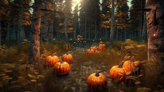 万圣节前夕，怪异的杰克灯笼散落在迷人的林地中，3D 渲染着令人毛骨悚然的森林