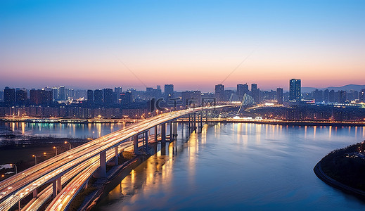 江边日落背景图片_黄昏时分的道路和河桥 傍晚时分 首尔 kr