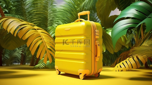 装饰黄色旅行箱的热带棕榈树叶的 3D 渲染