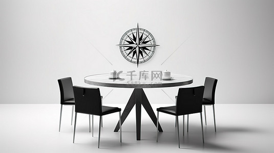 计划会议背景图片_第一个人坐在圆桌旁，指南针在 3D 渲染中的白色背景上呈现