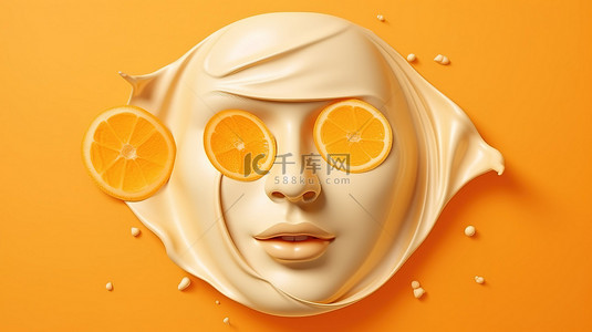 美容脸背景图片_奶油橙色片状面膜的 ​​3d 渲染