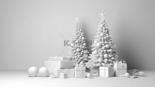 三装饰背景图片_简约 3D 渲染圣诞树，配有白色装饰品和三个创意组合的礼品盒