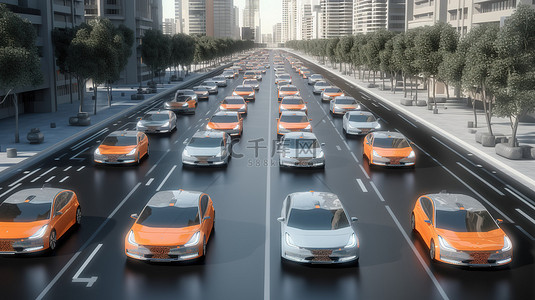 人工智能自动驾驶电动汽车在城市道路上行驶的 3D 渲染