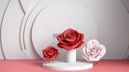 几何场景的 3D 渲染，以白色讲台舞台展示和令人惊叹的新鲜红玫瑰花束为背景