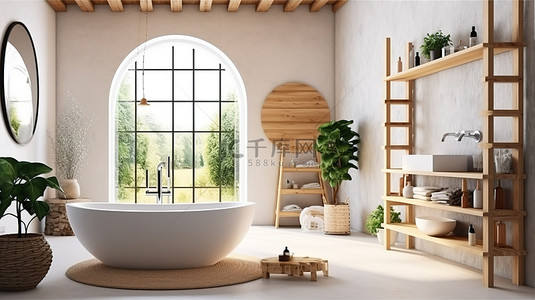 斯堪的纳维亚波西米亚浴室配有质朴的木制家具 3D 渲染插图