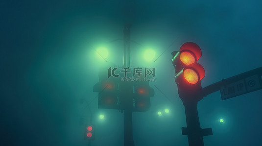 夜间交通安全背景图片_夜间浓雾中迷失的交通灯的怪异 3D 渲染