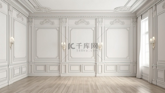 现代而永恒的简约白色内饰，配有木地板和墙板 3D 渲染