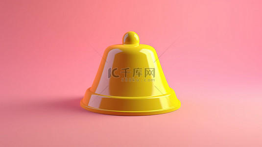 在柔和的粉红色背景上隔离了一个黄色通知铃的 3D 渲染图标