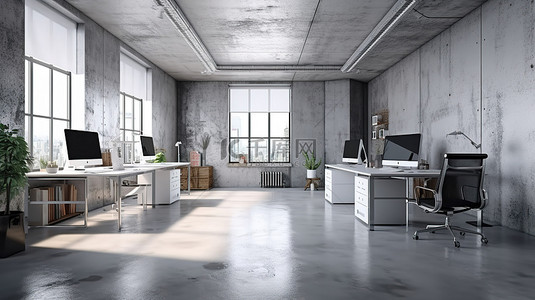 现代办公空间 3D 渲染，配有时尚的家具白色的墙壁和醒目的混凝土地板