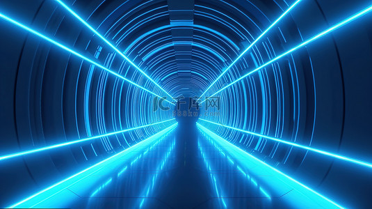 黑暗中的灯背景图片_霓虹蓝色走廊，蓝色背景的 3D 渲染抽象隧道