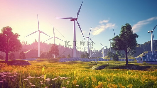带风力涡轮机和太阳能电池板的清洁能源草甸景观的 3D 插图