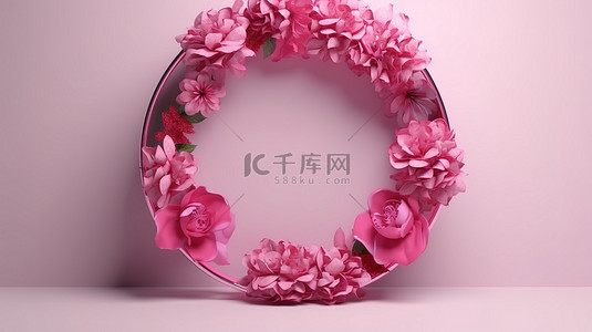 圆形框架中粉红色花朵 3d 渲染包围的空白空间