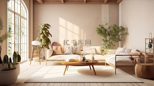 藤背景图片_斯堪的纳维亚风格的波西米亚风格家具客厅内部 3D 渲染插图