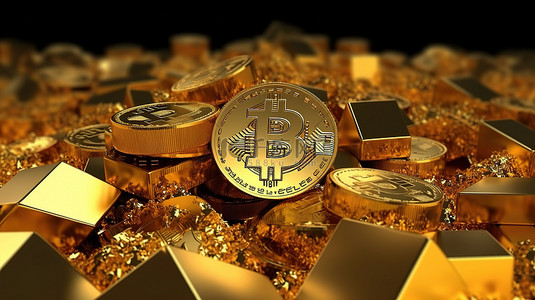 比特链背景图片_使用区块链技术渲染黄金加密货币的 3D 图像