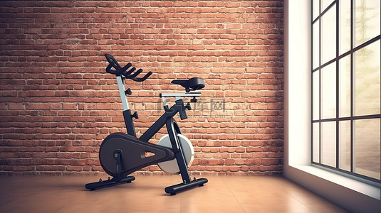 有氧运动背景图片_砖墙上固定健身自行车的 3D 渲染