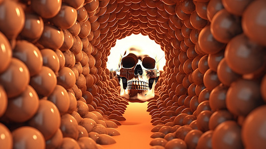 陵园墓地背景图片_万圣节背景的怪异头骨隧道的 3D 渲染