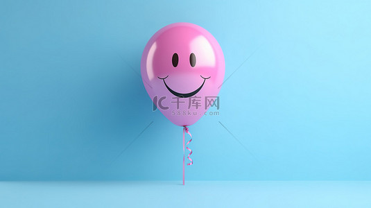 粉红色背景下快乐的蓝色气球的 3D 渲染