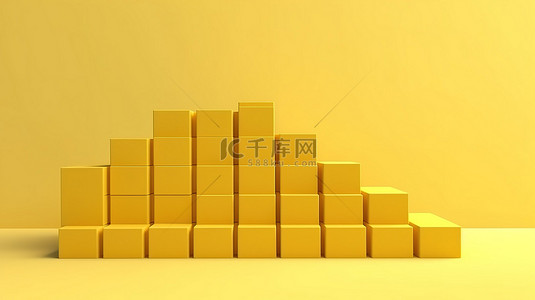 在黄色背景上将立方体排列为楼梯台阶，描绘业务增长和成功的过程 3D 渲染与复制空间